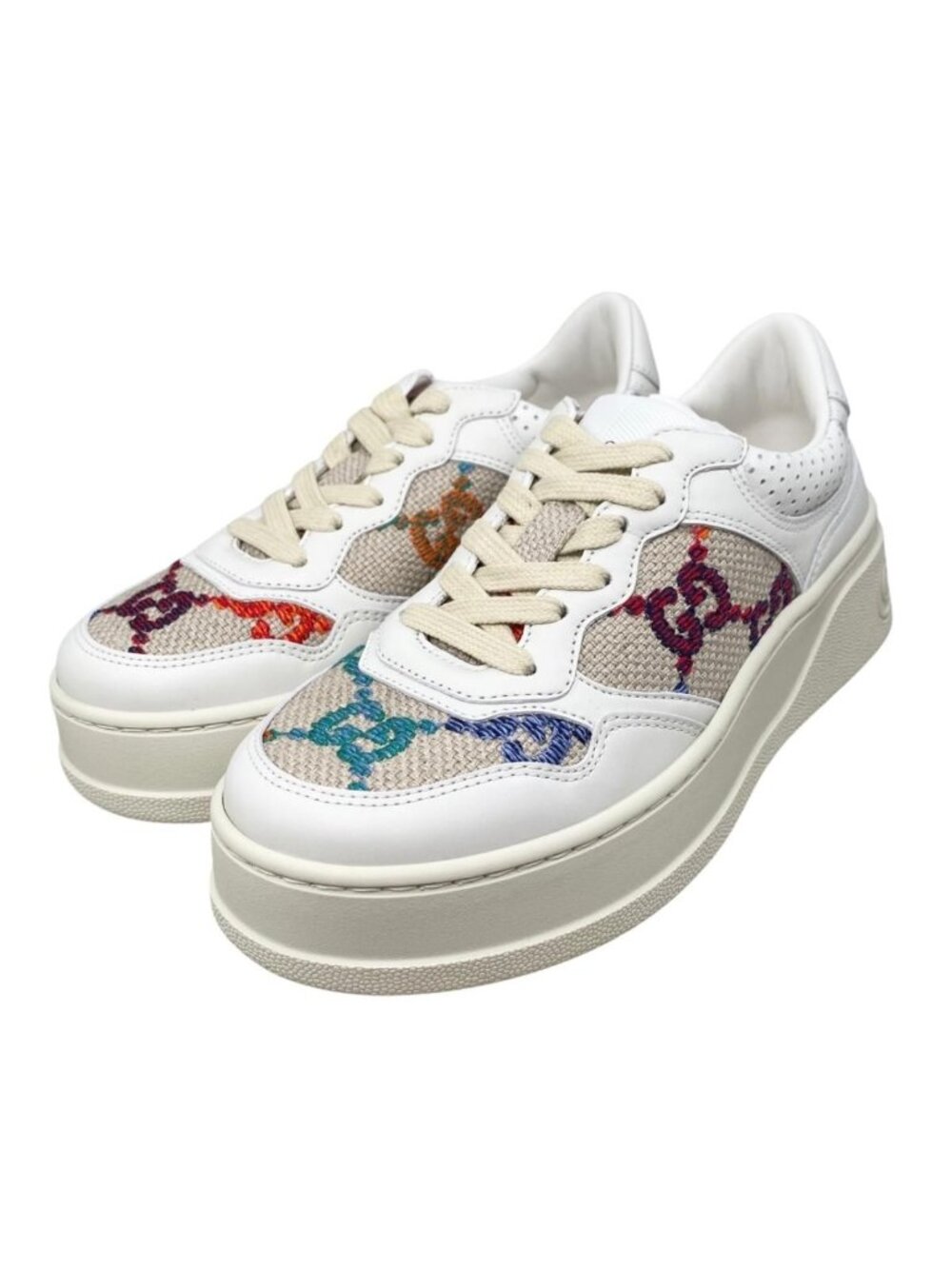 Gucci Sneakers Embroidery Canvas Leather GG Logo Multicolor White Beige